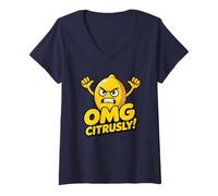 Women's OMG Citrusly Funny Angry Lemon Pun Funny Food Citrus Pun V-Neck T-Shirt