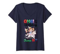 Women's OMG Its My Birthday Born On June 11th Girl with Present Bear V-Neck T-Shirt