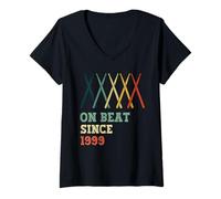Womens On Beat Since 1999 Retro Birthday Year Drums Sticks Music V-Neck T-Shirt