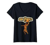 Women's On Fire Basketball Player Dunking Fiery Graphic V-Neck T-Shirt