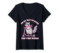 Womens On My Way To Make The Vibe Weird Funny Raccoon Graphic Meme V-Neck T-Shirt