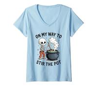 Women's On My Way to Stir The Pot Skeleton Cauldron Humorous V-Neck T-Shirt