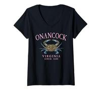 Womens Onancock Virginia Blue Crab Since 1680 Arched Pink Letters V-Neck T-Shirt