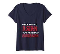 Women's Once You Go Asian You Never Go Caucasian V-Neck T-Shirt, Navy Blue, Small