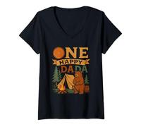 Womens One Happy Dada 1st Birthday Dad Forest Tent Camper V-Neck T-Shirt