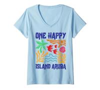 Women's One Happy Island Aruba Vintage Tropical Beach Vacation V-Neck T-Shirt
