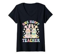 Women's One Hoppy Teacher Easter Bunnies Groovy Pastel Spring Easter V-Neck T-Shirt