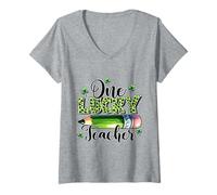 Women's One Lucky Teacher St Patricks Day Shamrock Leopard Print V-Neck T-Shirt