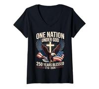 Women's One Nation Under God 250 Years Blessed 1776-2026 Eagle Flag V-Neck T-Shirt