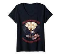 Women's One Nation Under God 250 Years Blessed Patriotic Eagle Flag V-Neck T-Shirt