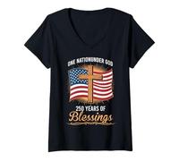 Womens One Nation Under God 250 Years of Blessings Patriotic V-Neck T-Shirt