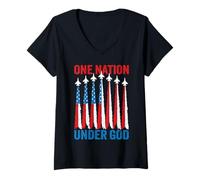 Womens One Nation Under God 4th July Men American Flag Fighter Jet V-Neck T-Shirt