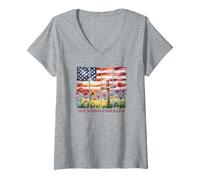 Womens One Nation Under God American Flag Cross & Wildflower V-Neck T-Shirt