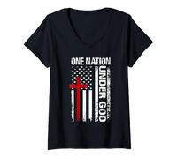 Womens One Nation Under God Christian American Flag Patriotic Cross V-Neck T-Shirt
