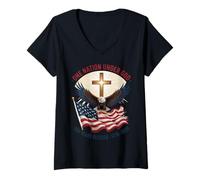 Women's One Nation Under God Eagle Flag Cross 250 Years Blessed V-Neck T-Shirt