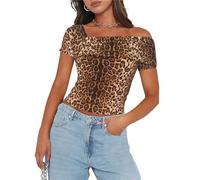 Women's One Off The Shoulder Top - Short Sleeve Ruched Going Out Crop Top Slim Fit Y2K T Shirt, Leopard, XL