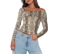 Women's One Off The Shoulder Top - Short Sleeve Ruched Going Out Crop Top Slim Fit Y2K T Shirt, Snakeskin, S