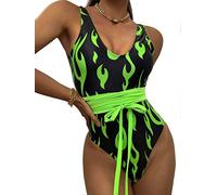 Womens One Piece Flame Print High Cut Bodysuit Swimsuit Bikini Swimwear Bathing Suit Rave Costume - green - Medium