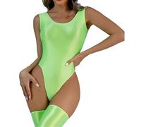 Women's One Piece Leotard, Sexy Sleeveless Crew Neck High Cut Glossy Bodysuit, Low Back Solid Sparkle Dance Jumpsuit, Slim Fit Mesh See Through Thong Leotard for Training Swimwear Yoga Gym Workout