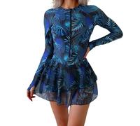Women's One-Piece Rash Guard UPF 50+ Zipper Swimwear Long Sleeve Printed Swimsuits Ladies Sun Protection Swimdress Stretchy Quick Dry Swimming Dresses