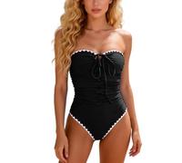 Womens One Piece Strapless Ruched Swimsuit Color Block Tie Bandeau Bathing Suits Sexy High Leg Padded Slimming Swimwear