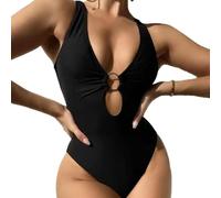 Women's One-Piece Suit Swimwear, Sexy Backless V-Neck Knots Swimsuit with Bra, Soft High Elasticity Hollow Out Tummy Control Curvy One Piece Swimsuit with Ring, L