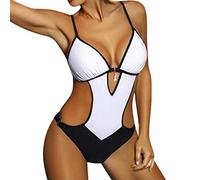 Women's One Piece Swimsuit Cutout Halter Neck Bathing Suits Tummy Control Swimwear for Teen Girls Ladies Sexy Swimming Costumes White