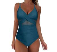 Womens One Piece Swimsuit Mesh Front Cross Bathing Suit Tummy Control with Ruched Monokinis Swimwear Swimming Costume for Women (A, XL)