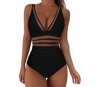 Womens One Piece Swimsuit,Sexy Mesh V Neck Swimwear Padded Ruched Swimsuits One Piece Swimming Costume Tummy Control Padded Beach Bikini Bathing Suits Vintage Push Up Monokinis Ladies UK