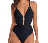 Women's One Piece Swimsuit Swimming Costumes Plunging Neck Cutouts Bathing Suit Textured Ruched Crisscross Back Self Tie Swimwear Swimming Costume Women Beach Vacation Holiday Essentials Black
