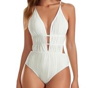 Women's One Piece Swimsuit Swimming Costumes Plunging Neck Cutouts Bathing Suit Textured Ruched Crisscross Back Self Tie Swimwear Swimming Costume Women Beach Vacation Holiday Essentials White
