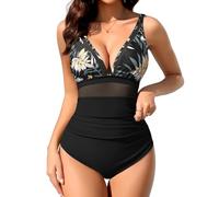 Women's One Piece Swimsuit V Neck Swimwear Mesh Wrap Over Padded Bathing Suit Tummy Control Ruched Costume Beach Through Bikinis Plus Size HL Black