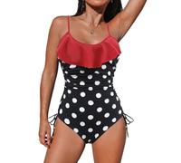 Women's One Piece Swimsuits Ruffle Scoop Neck Swimming Costumes Tummy Control Ruched Bathing Suit Strappy Backless Monokini(Polka dot,S)