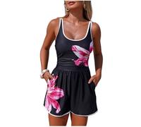 Women's One-Piece Swimsuits Summer Lily Print Sporty Swimsuit with Shorts Contrast Trim Bathing Suit Slimming UPF 50+ Swimming Costume Women Square Neck Quick Drying Swimwear with Pockets Pink