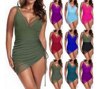 Women's One Piece Swimsuits, Tummy Control Swimming Costume Women, Mesh Sheer Swim Dress V Neck Sexy Swimwear with Drawstring Skirt Swimsuits for Women UK Push Up Monokinis