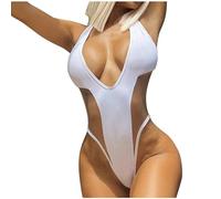 Womens One Piece Swimwear Mesh Stretch High Cut Swimming Costume Halter Bikini Thong Bathing Suit Monokini Micro Swimsuit White