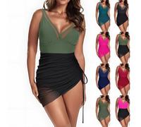 Women's One Piece V-Neck Swimsuit, Tummy Control Swim Skirted Bathing Suit, Mesh Sarong Wraps Swim Suits, Sexy Shape Push Up Swimming Costume, Summer Hawaiian Beach Swimwear(Suggest Buy one size Up)