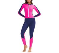 Women's One Piece Zip Front Rash Guard Swimsuit Color Block Full Body Long Sleeve Long Leg Bathing Suit Built in Bra UPF 50+ Surf Swimwear Blue Pink XL