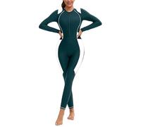Women's One Piece Zip Front Rash Guard Swimsuit Color Block Full Body Long Sleeve Long Pants Built in Bra UPF 50+ Surf Swimwear Green White M