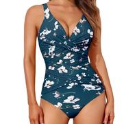 Women's One Pieces Swimsuit Tummy Control Swimwear V Neck Cross Ruched Swimming Costume Ladies Racerback Athletic Bathing Suit Printed/Solid Monokini Adjustable Wide Straps Swim Suits(Green,XXL)