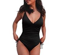 Women's One-Pieces Tummy-Control Swimming Costume Women's V Neck Swimsuit Tie Side High Cut Bathing Suit Ribbed Swimwear One-Pieces Ruched Swimming Costumes Women Black