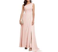 Women's One Shoulder Bridesmaid Dresses Ruched Chiffon Evening Formal Party Gown with Split ZM087 Blush UK18