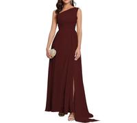 Women's One Shoulder Bridesmaid Dresses Ruched Chiffon Evening Formal Party Gown with Split ZM087 Burgundy UK20