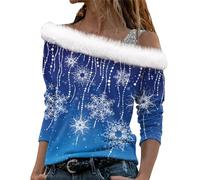 Womens One Shoulder Faux Fur Trim Collar Tops Christmas Printed Off Shoulder Shirts Long Sleeve Casual Tunic Blouses Fashion Pullover Jumpers Plus Size Sweatshirts Xmas Gifts Holiday Party Wear