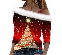 Womens One Shoulder Faux Fur Trim Collar Tops Christmas Printed Off Shoulder Shirts Long Sleeve Casual Tunic Blouses Fashion Pullover Jumpers Plus Size Sweatshirts Xmas Gifts Holiday Party Wear