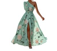 Women's One Shoulder Floral Maxi Dress with Belt, High Slit Chiffon A Line Flowy Sleeveless Dress for Ladies UK, Boho Summer Sundress with Ruching Backless Ruffle Cutout Evening Gown Green