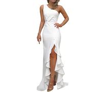 Women's One Shoulder Maxi Dress - High Split Evening Gown, Ladies Wedding Guest Outfit, Formal Prom Bridesmaid, Elegant Cocktail Party Dresses, Sexy Sleeveless, Long Floor Length White