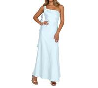 Women's One Shoulder Satin Maxi Dress - Solid Color, Side Tie Detail, High Slit Bodycon Formal Gown for Bridesmaid, Wedding Guest & Evening Party