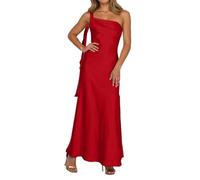 Women's One Shoulder Satin Maxi Dress - Solid Color, Side Tie Detail, High Slit Bodycon Formal Gown for Bridesmaid, Wedding Guest & Evening Party