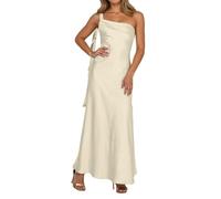Women's One Shoulder Satin Maxi Dress - Solid Color, Side Tie Detail, High Slit Bodycon Formal Gown for Bridesmaid, Wedding Guest & Evening Party